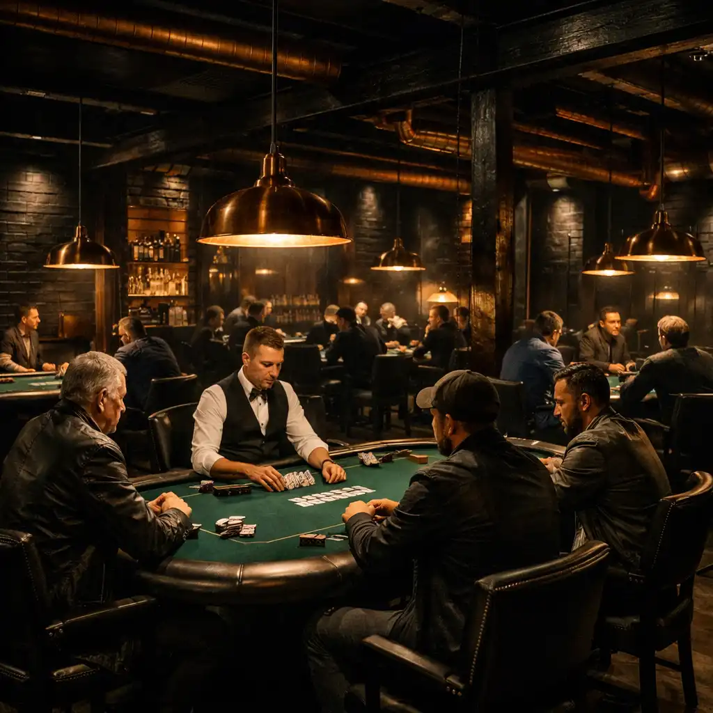 Wide-angle view of the Ash & Equity Card Room in Melbourne with multiple poker tables, focused players, and dramatic industrial lighting