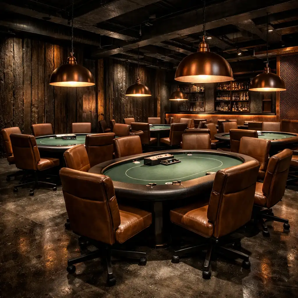Interior of the Card Room showing multiple poker tables, leather chairs, and industrial lighting with dark concrete and charred timber