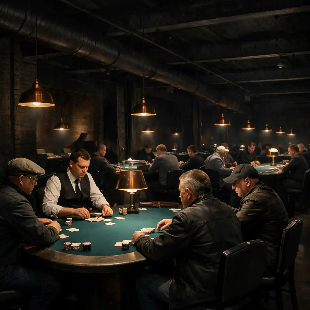 Wide view of the Card Room with multiple poker tables and individual pendant lights