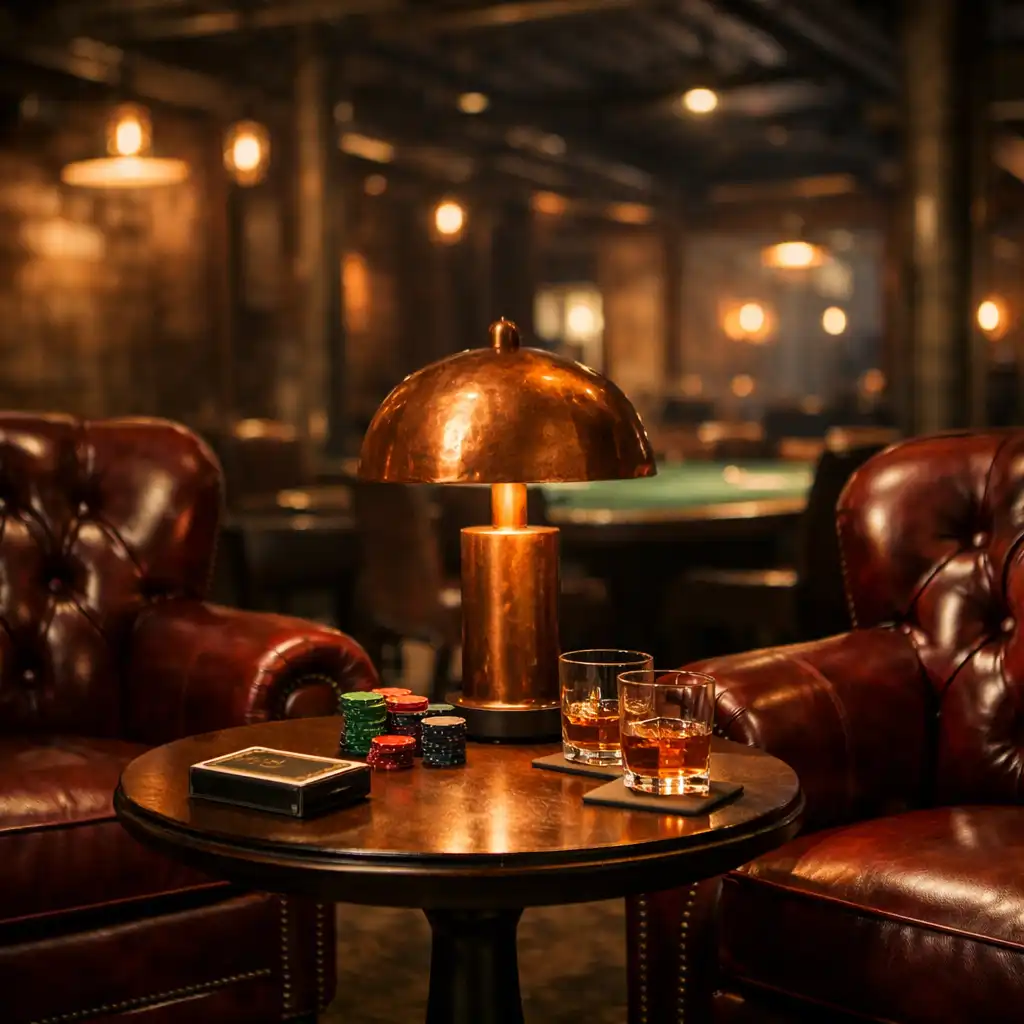 Premium seating area in the Card Room with oxblood leather chairs, ambient lighting, and a raw copper lamp