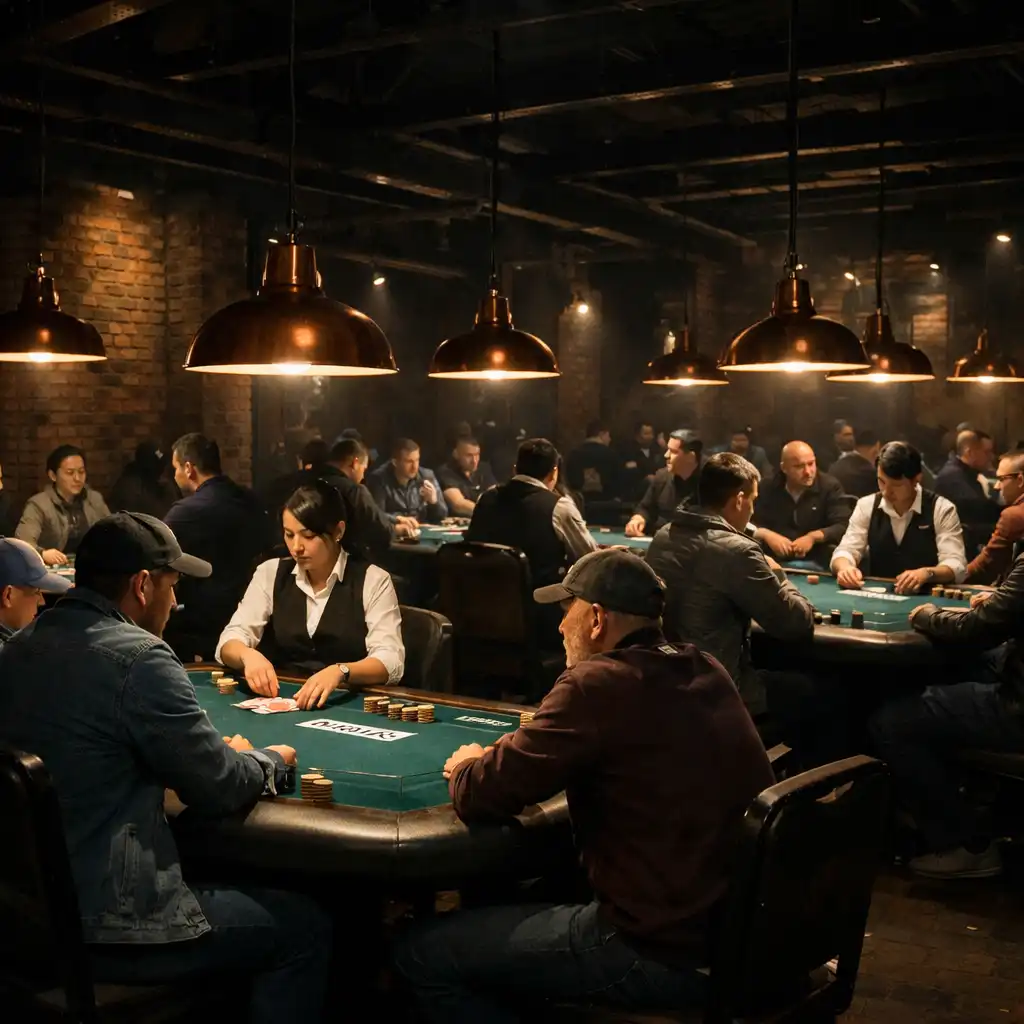 Wide view of the Ash & Equity Card Room with multiple poker tables, players, and pendant lights