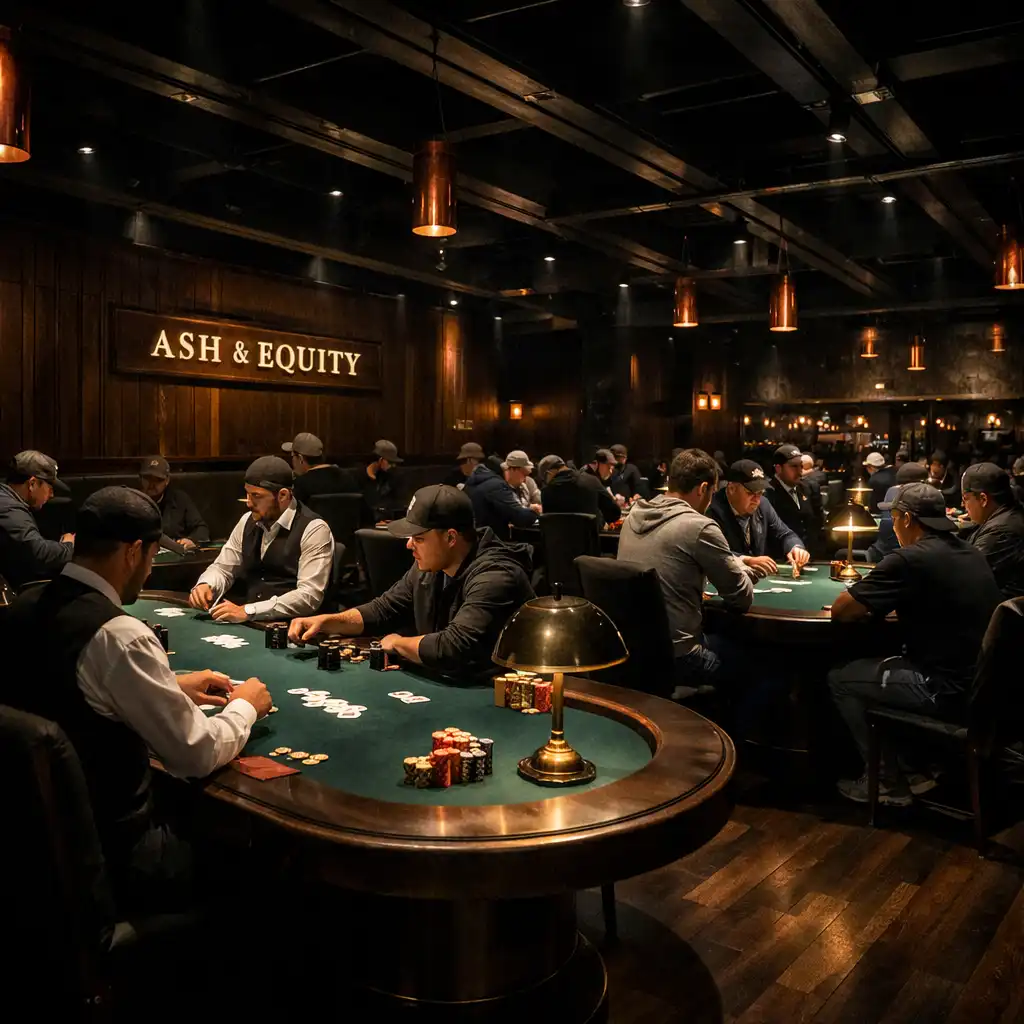 The Card Room at Ash & Equity during a tournament with multiple poker tables and players