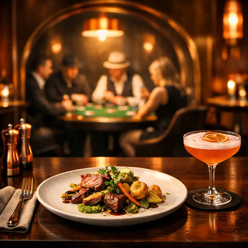 Contemporary Australian dish in the foreground with a poker table visible through an archway at Ash & Equity