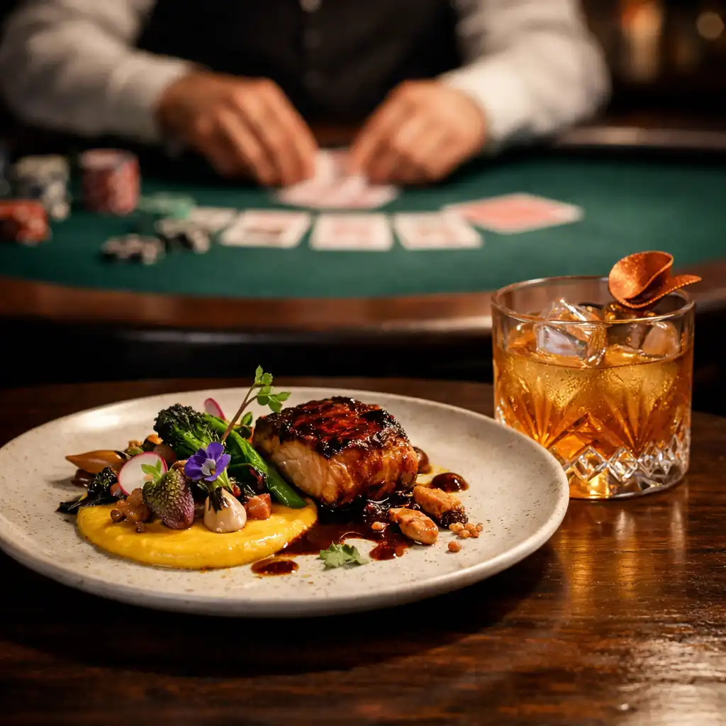 Gourmet dish and cocktail on a dark wooden table with a blurred poker table in the background