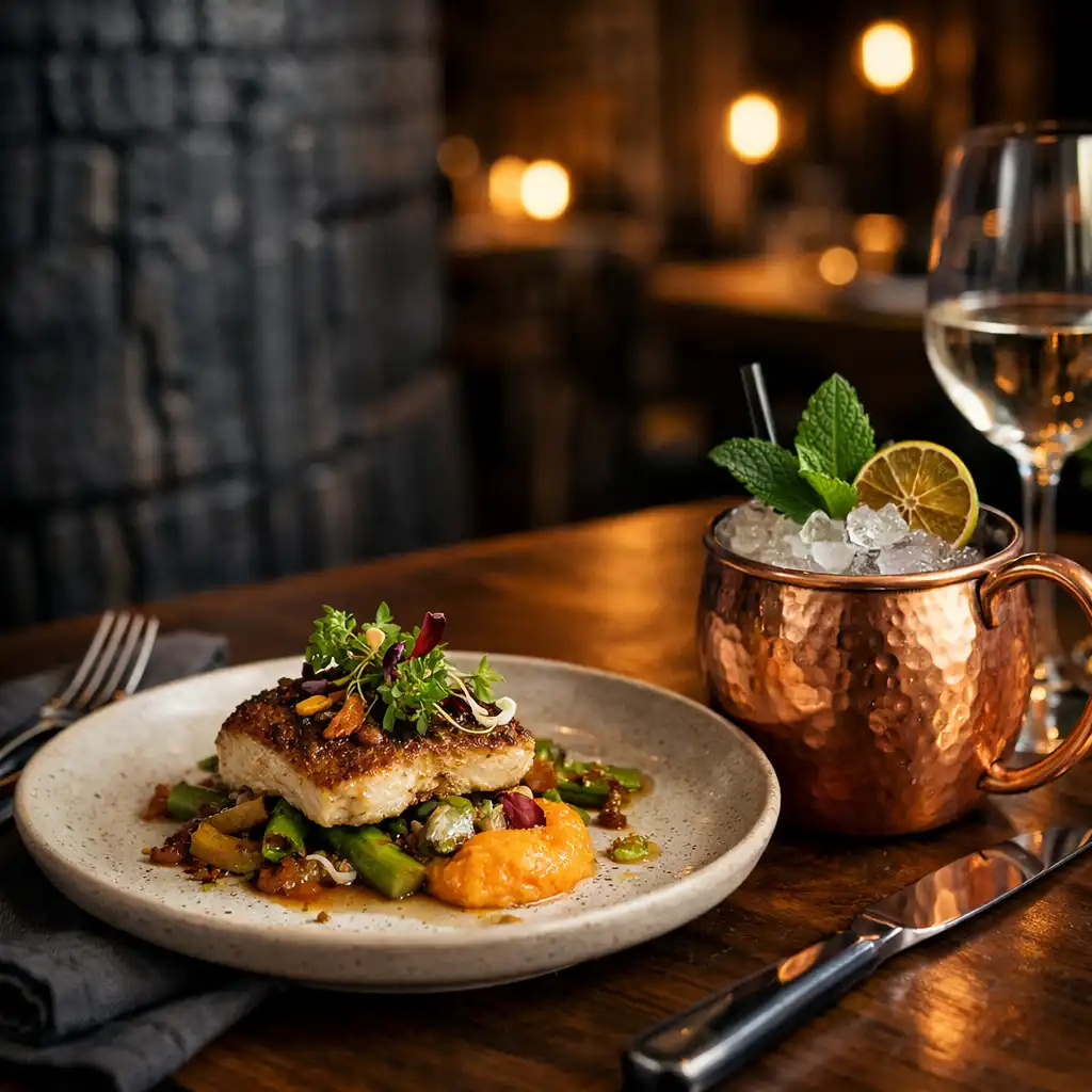 Contemporary dining table with a plated modern Australian dish and a craft cocktail in a copper mug