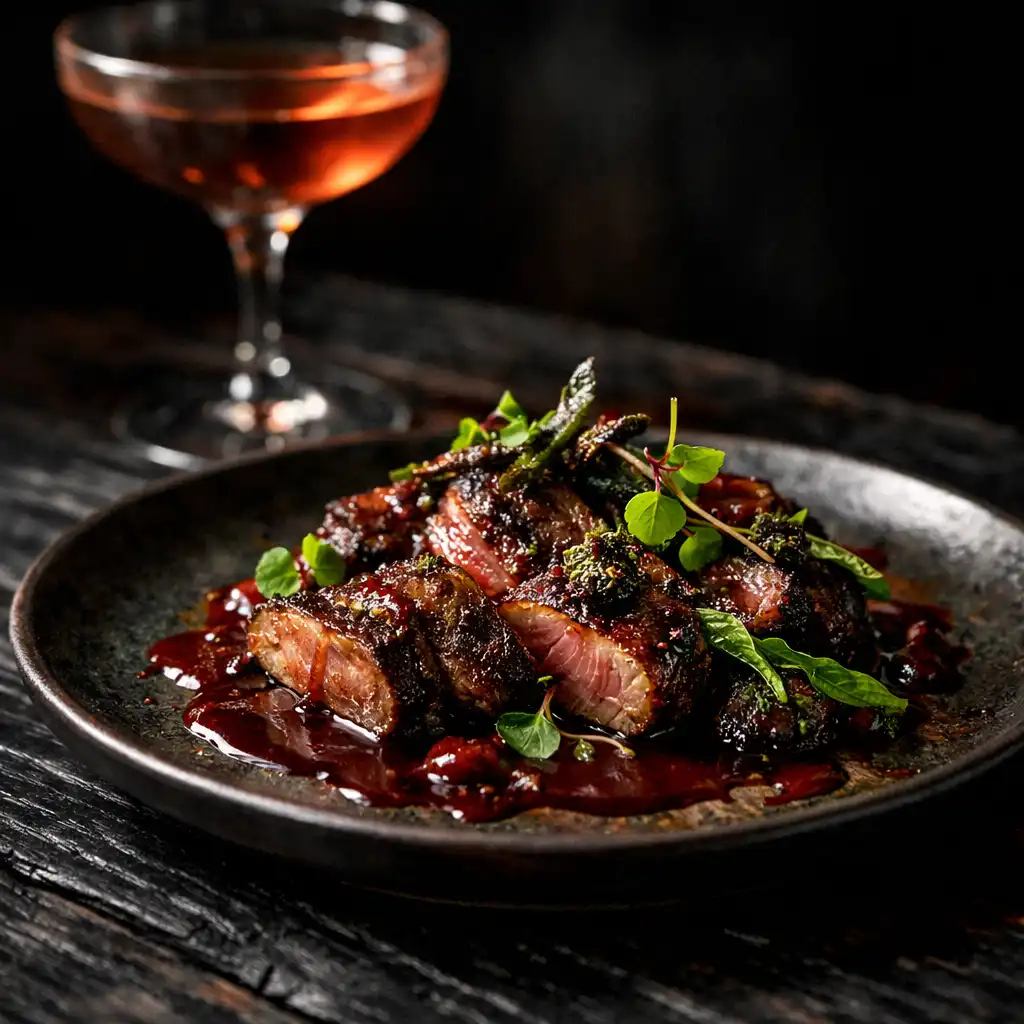 Contemporary Australian dish on a dark ceramic plate with a cocktail in the blurred background