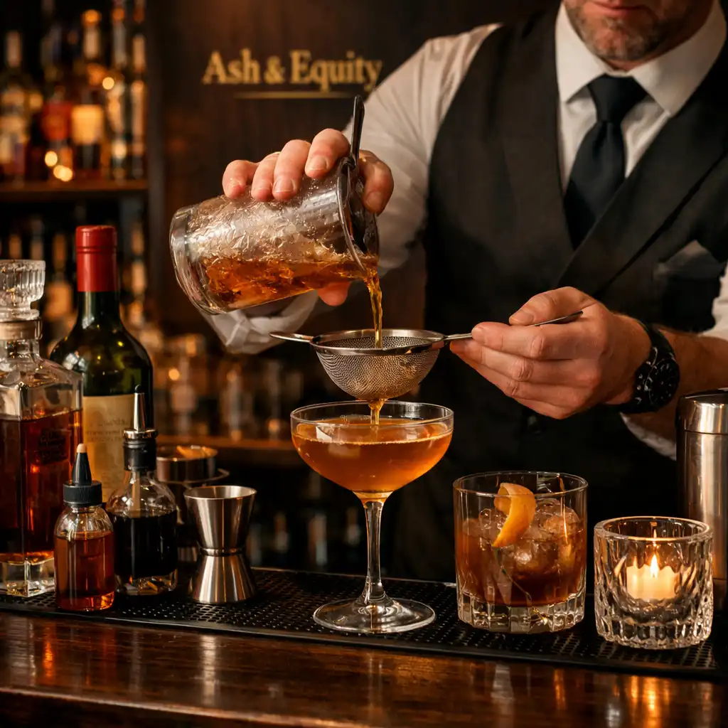 Bartender crafting a cocktail at the dark wooden bar with copper accents