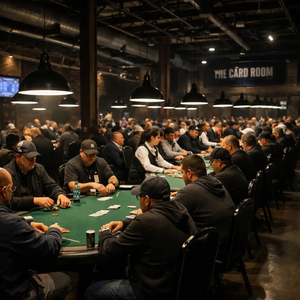 View of the Card Room with rows of poker tables and dramatic focused lighting