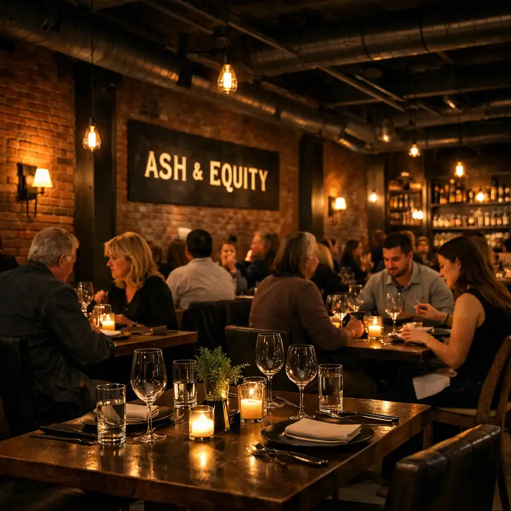 Dining area with several tables set for dinner in the industrial interior