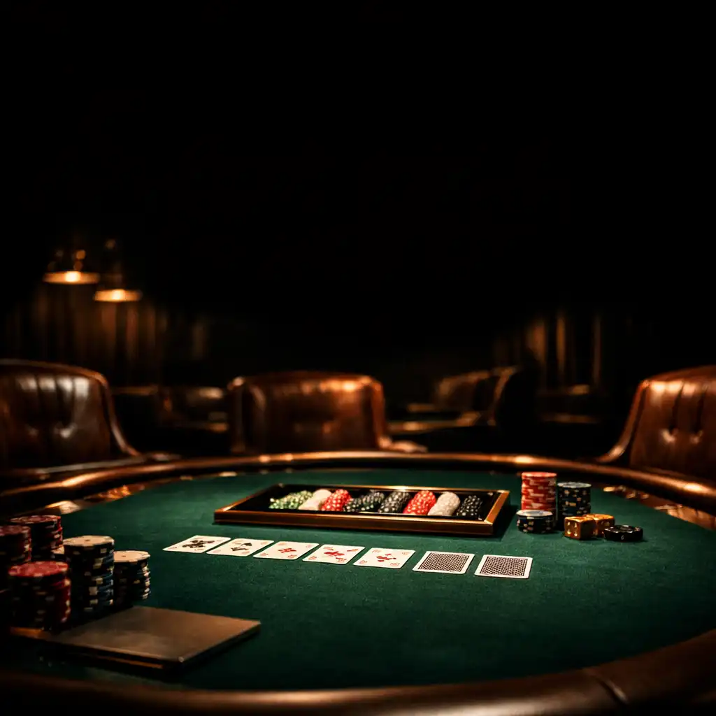 A luxurious poker table in a dark, moody room with dramatic lighting and leather chairs