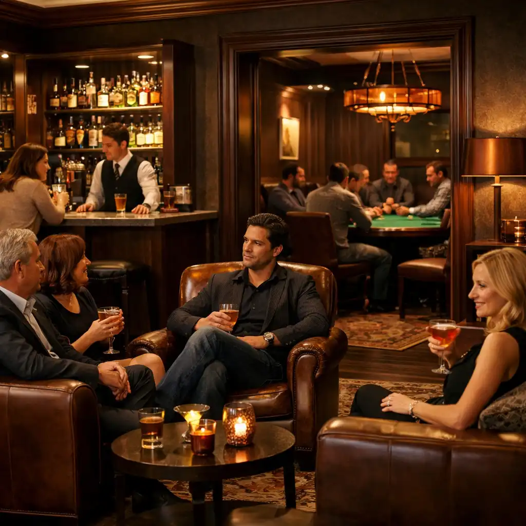 Sophisticated lounge with comfortable seating, a small bar, and ambient lighting