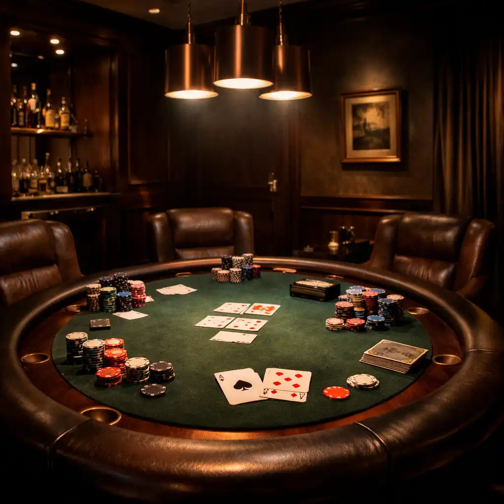 Private salon with a single poker table, plush seating, and warm adjustable lighting