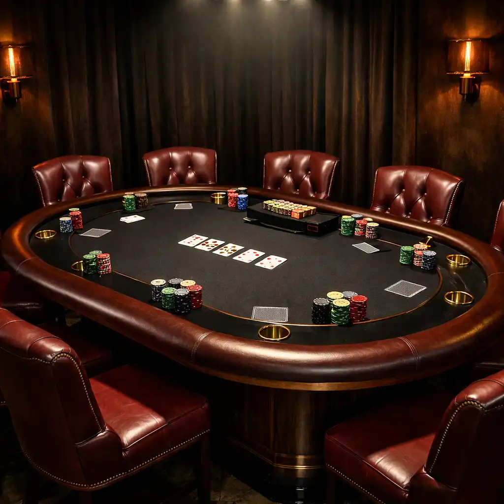 High roller-style poker table with oxblood leather chairs in a private alcove with dramatic overhead lighting