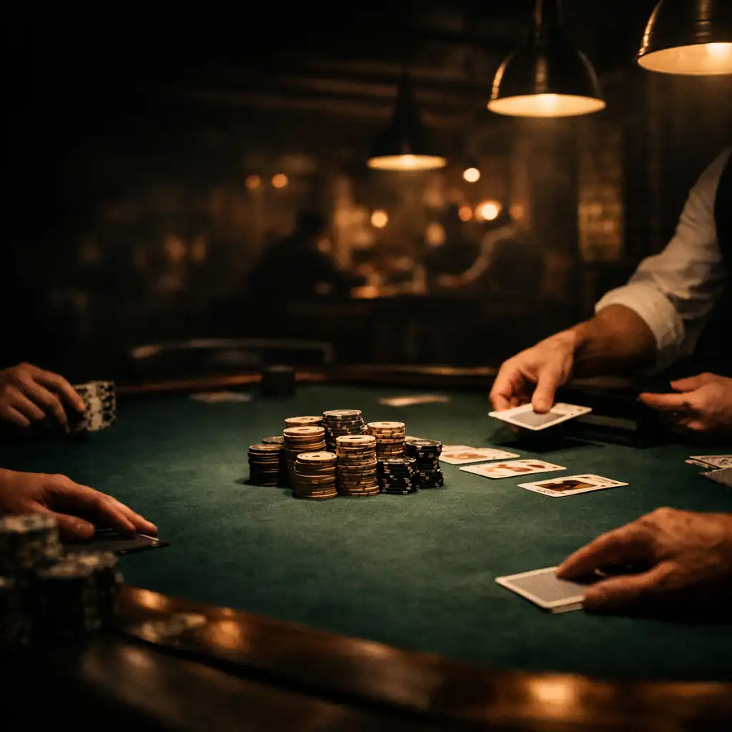 Dimly lit poker table with players' hands and neutral chips in the Ash & Equity Card Room