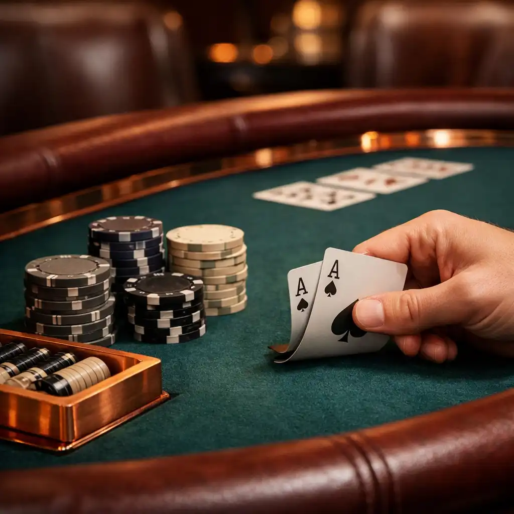 Close-up of a premium poker table in the Ash & Equity Poker Lounge with oxblood leather rail and copper details