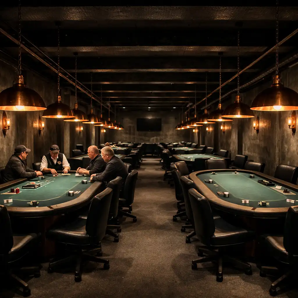 Wide-angle view of the Poker Lounge with multiple poker tables, dark concrete walls, and raw copper light fixtures