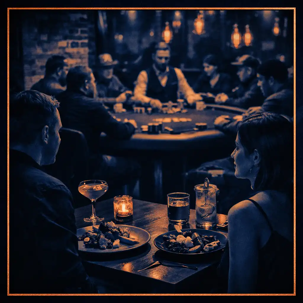 The interior of Ash & Equity during a poker night, showing a dining table with contemporary dishes and cocktails in the foreground and a poker table in play in the background