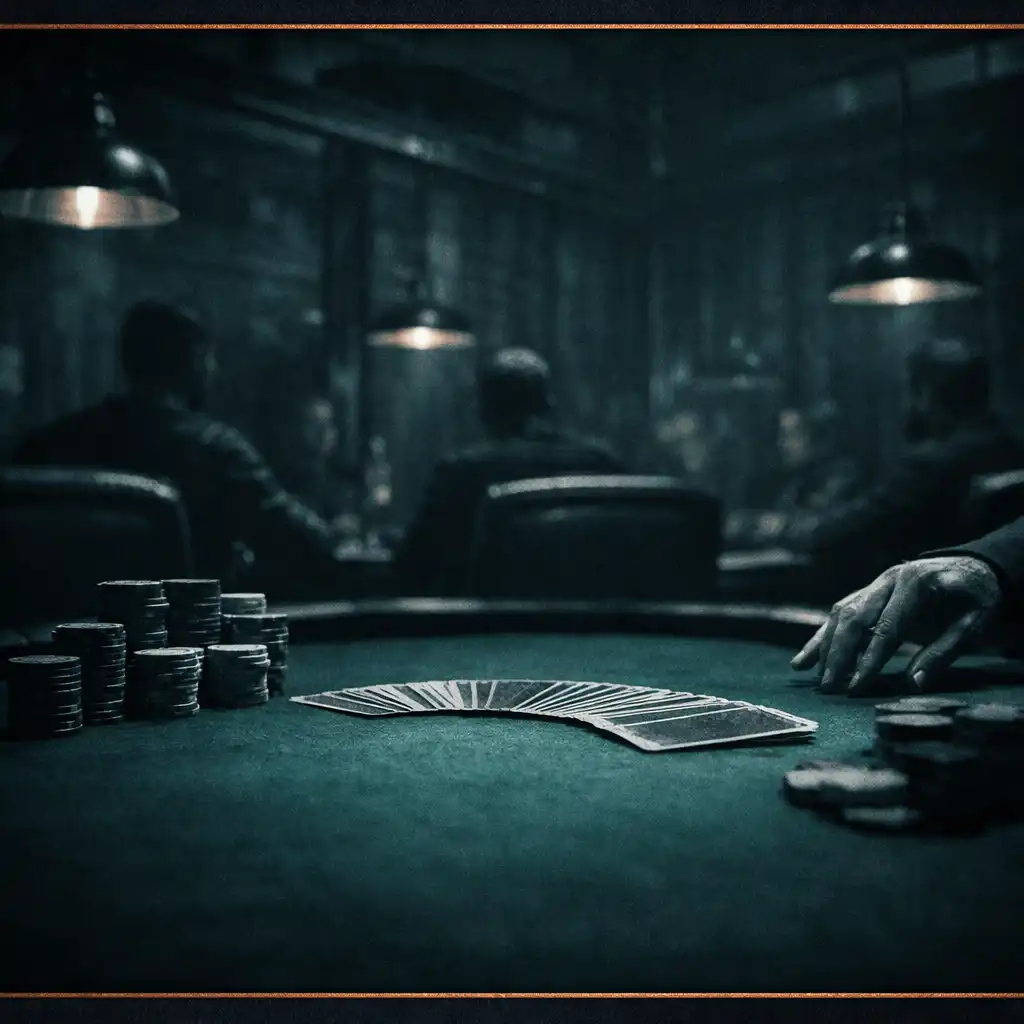 A cinematic poker table with petrol green felt, neutral chips, and dramatic copper lighting in the dark industrial dining room of Ash & Equity