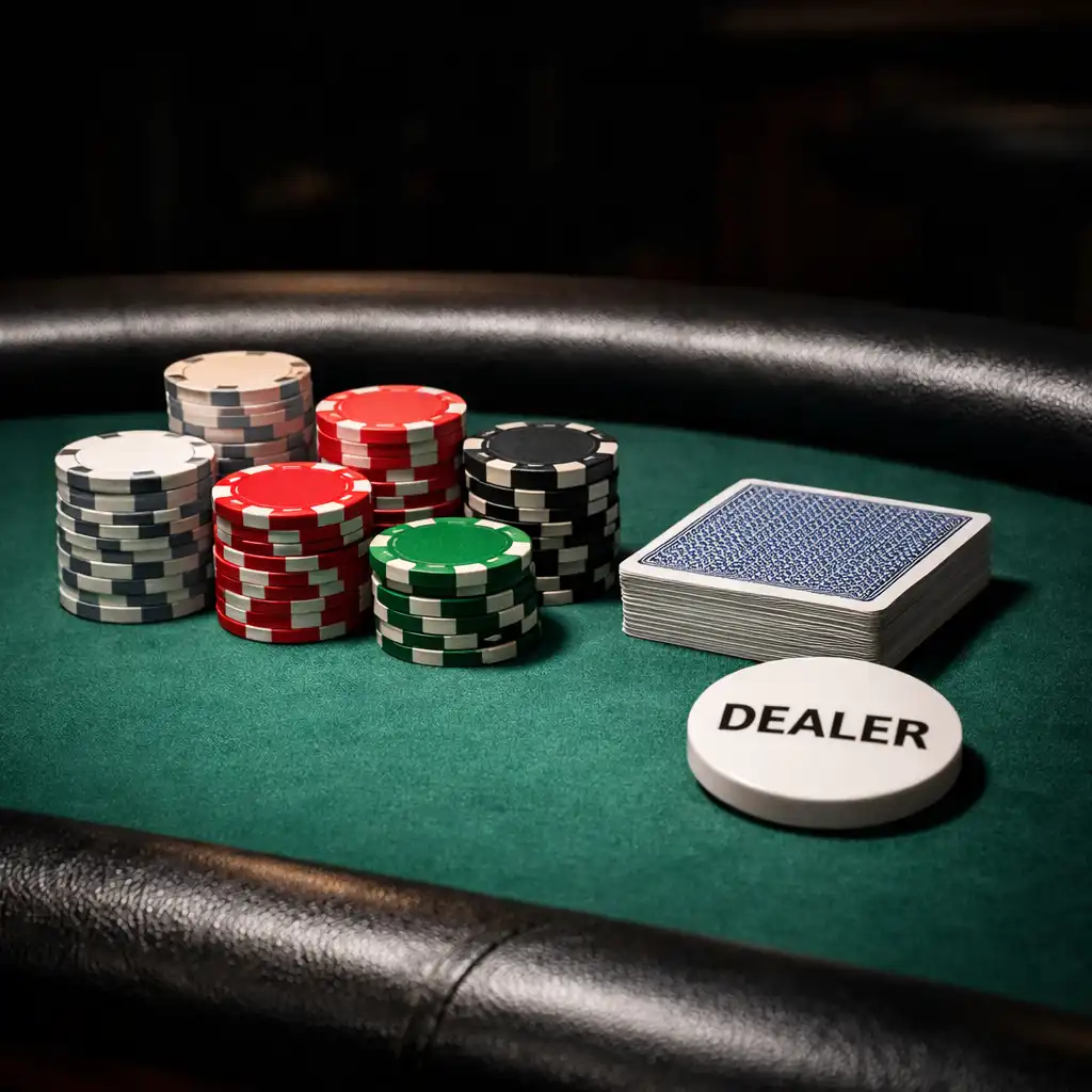 Close-up of a poker table with petrol-green felt, playing cards and a dealer's hands