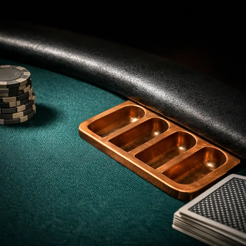 Close-up of poker table surface showing petrol green felt texture, blackened steel rail, and raw copper chip tray