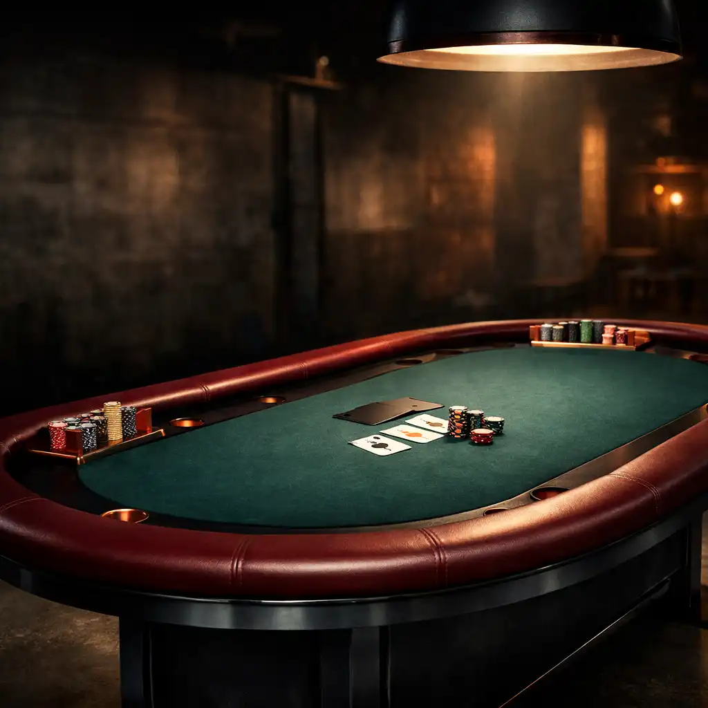 Bespoke poker table with petrol green felt, blackened steel frame, and oxblood leather rail under dramatic lighting