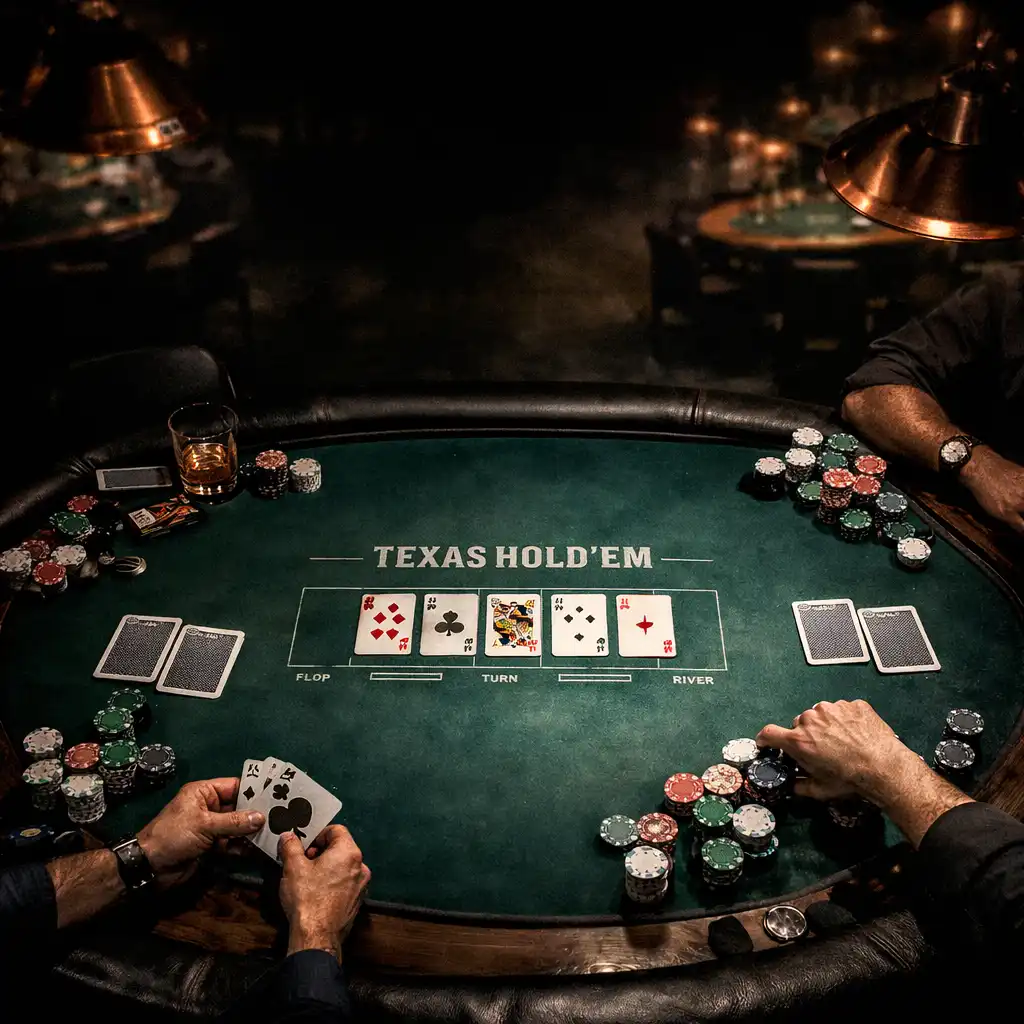 Overhead view of a Texas Hold'em poker table in the Ash & Equity Card Room, with players' hands and chips in dramatic lighting