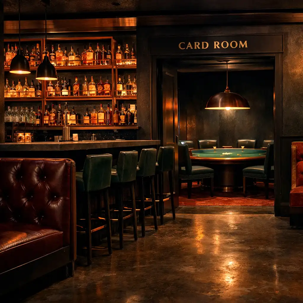 Atmospheric view of the Ash & Equity venue interior, transitioning from dining area to Card Room